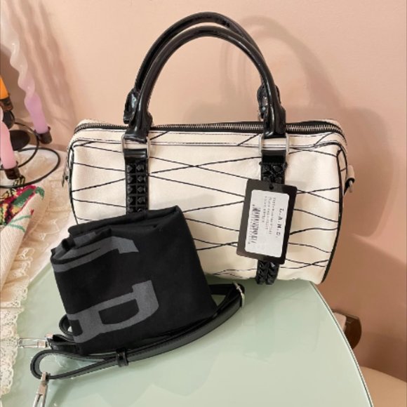 L.A.M.B. White Leather  With Black Stripes &  Black Studded  Top Handle Satchel - Picture 1 of 12